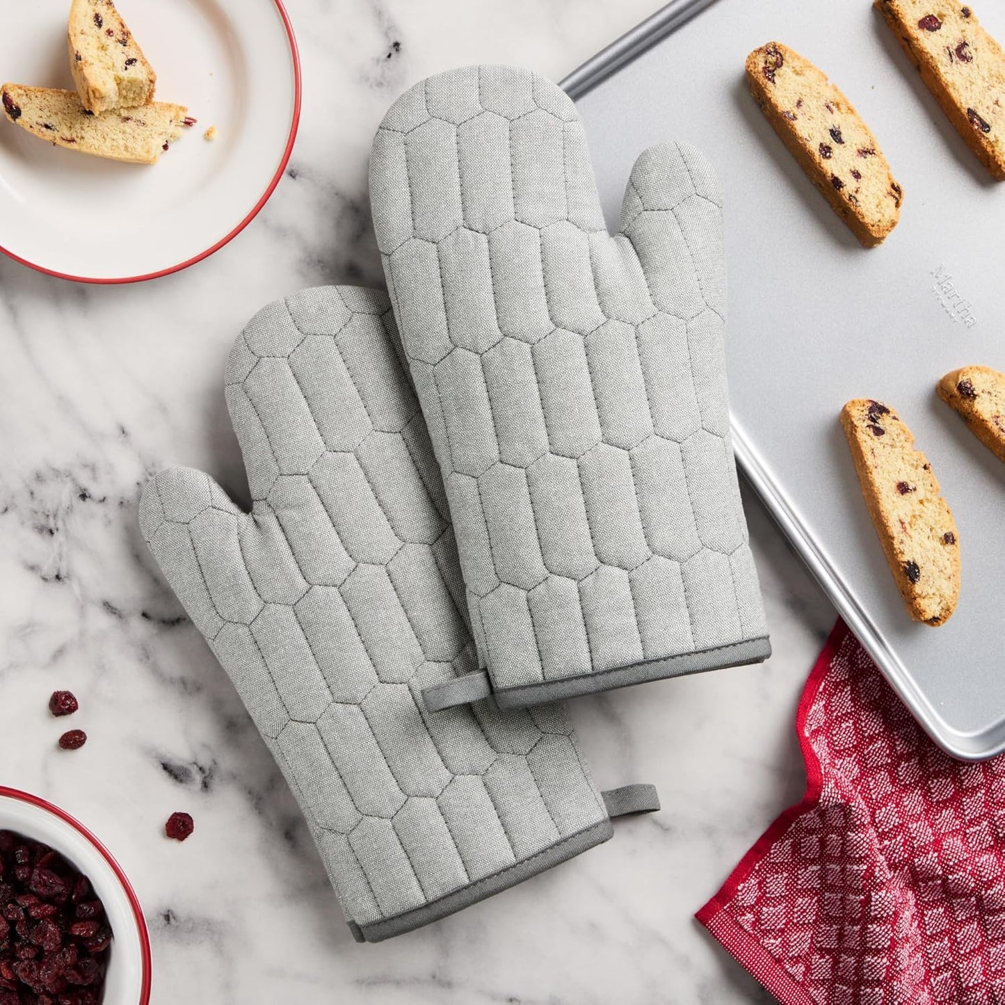 MARTHA STEWART Honeycomb Quilted Chambray Oven Mitt 2-Pack Set, 100% Cotton, Heat Resistant, Flexible Grip, Grey, 7"x13"