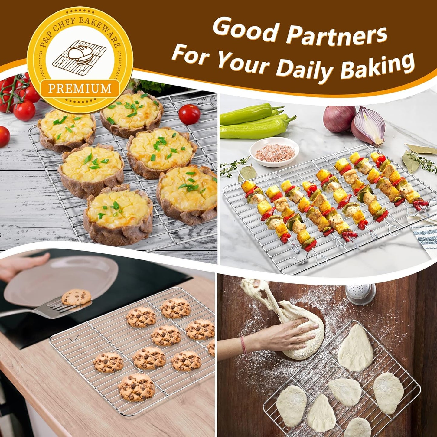 P&P CHEF 12.5 Inch Baking Sheet Pan with Rack Set, Stainless Steel Cookie Sheet Pan Tray with Cooling Rack for Oven Use, Cooking Roasting, Non Toxic & Dishwasher Safe, Heavy Duty