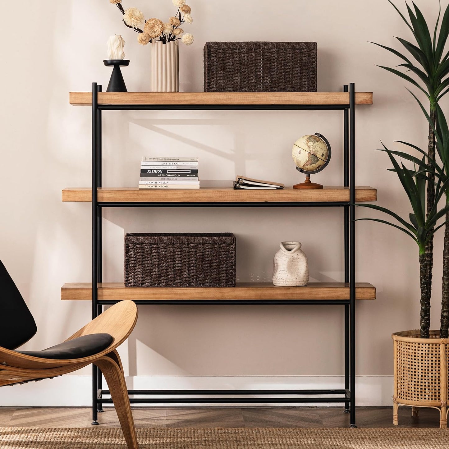 UBBCARE 3 Pack Wicker Basket, 13.4L×8.3H×7.1W inch Woven Paper Rope Storage Baskets for shelves, Foldable Rectangular Storage Baskets with Handle, Storage Basket for Organizing, Dark Brown