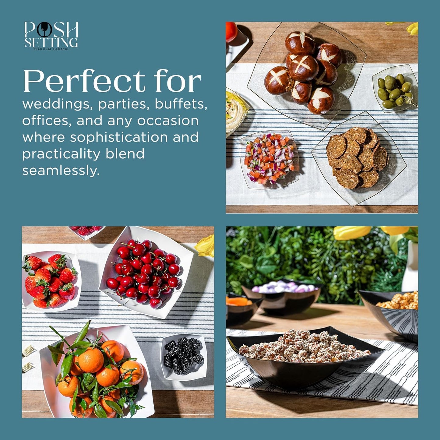 Posh Setting - Gold Glitter Plastic Serving Bowls for Party (64oz - 4 Pack) Square Bowls, Disposable Chip Bowls, Candy Bowls for Party Table, Salad Bowls for Party, Candy Containers for Candy Buffet