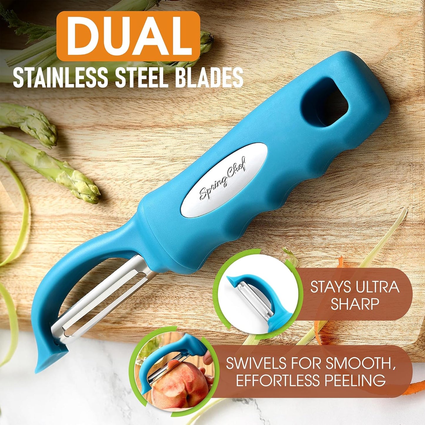 Spring Chef Premium Swivel Vegetable Peeler, Comfortable Handle and Ultra Sharp Stainless Steel Blades - Perfect Kitchen Peeler For Veggie, Fruit, Potato, Carrot, Apple - Teal