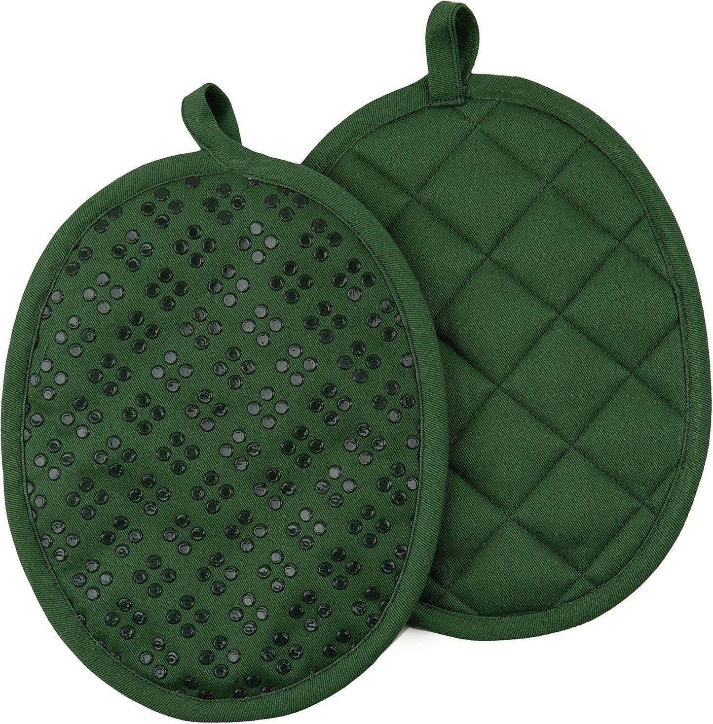 Sticky Toffee Oven Mitt and Pot Holder Set of 3 – Dark Green Non-Slip Silicone Kitchen Hot Pads and Mitts, 100% Cotton Shell, Oeko-Tex Cotton