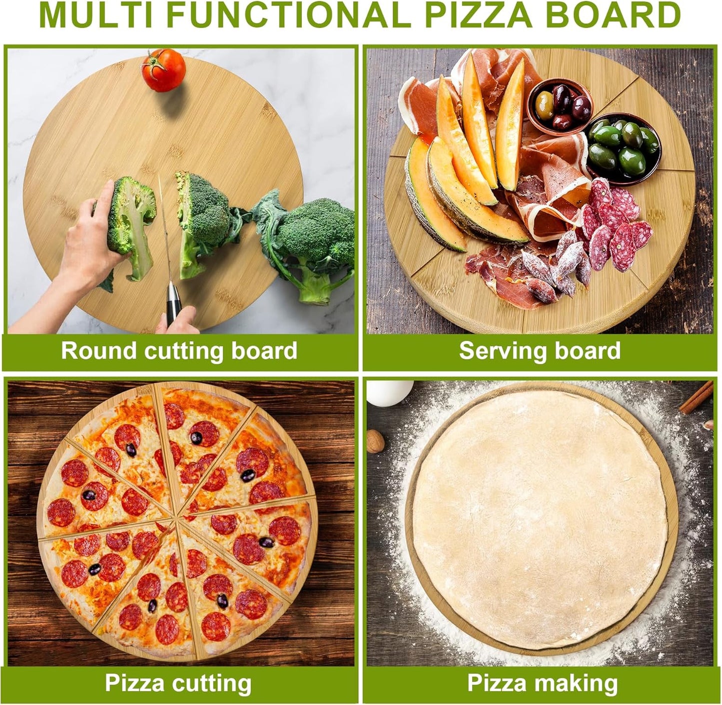 20" Round Cutting Board Pizza Cutting Board Extra Large 20inch Double Sided 3XL Pizza Prep Wooden Bamboo Serving Platter Tray Pizza Oven Accessories Circle Pre Block with Cutting Grooves