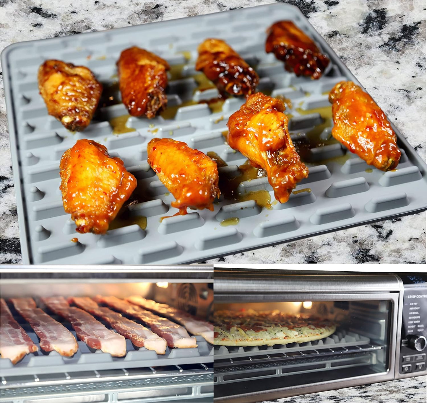 Silicone Roasting Mat and Silicone Baking Mat Combo for Air Fryer Oven - Set of 3 Food Safe, Non-Stick Baking Mat and Silicone Roasting Racks with Bonus Non-Stick Oven Liner