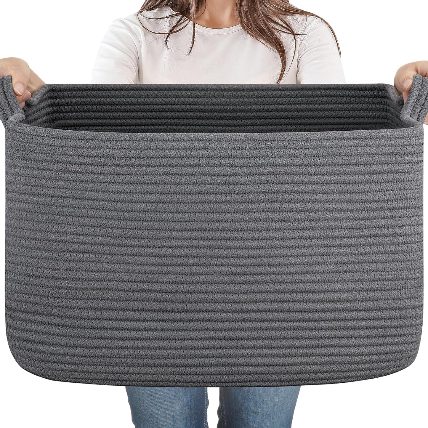 65L Large Storage Basket, Cotton Rope Woven Blanket Basket, Toy Storage for Baby Room, Living Room, Dark Grey