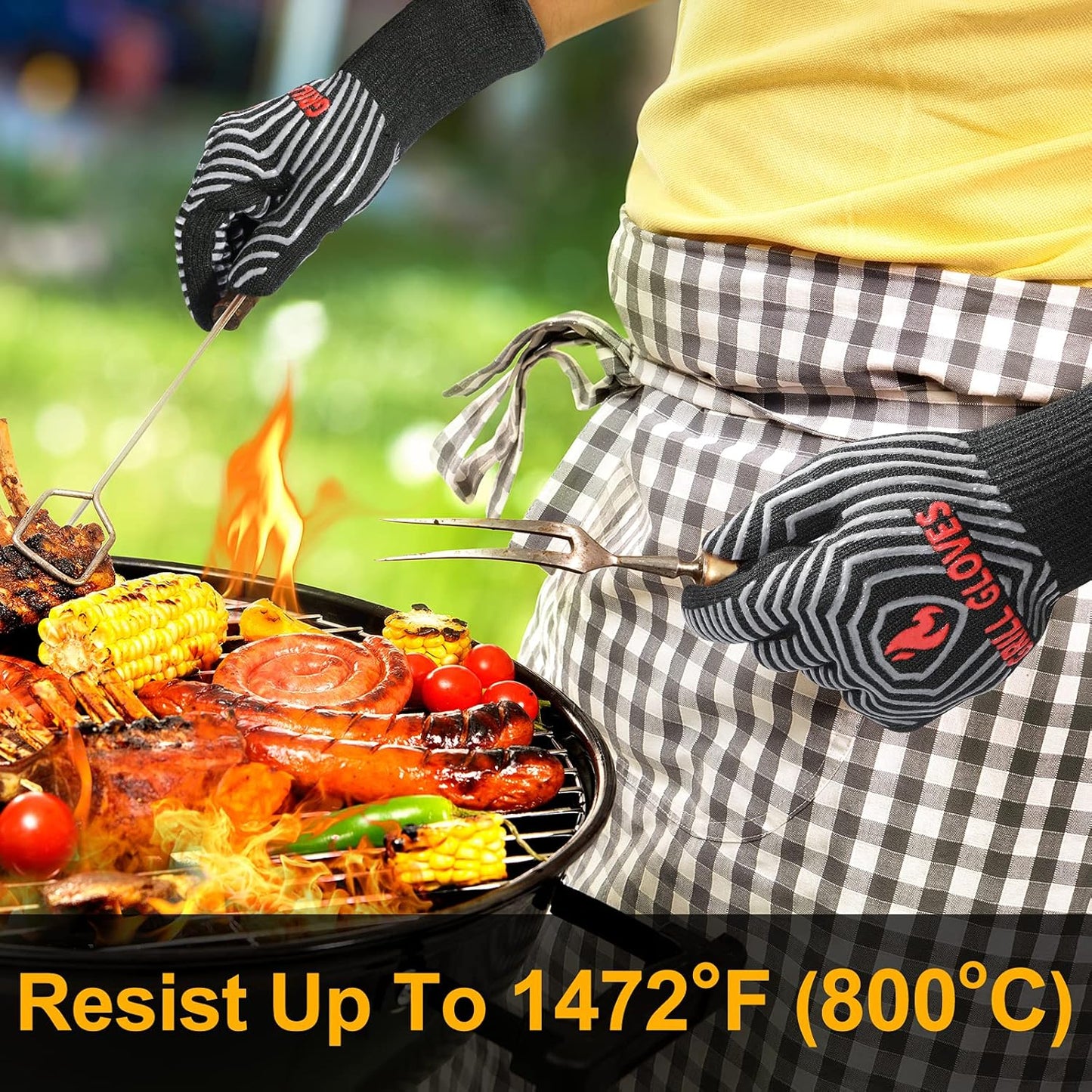 QUWIN BBQ Gloves, Oven Gloves 1472℉ Extreme Heat Resistant, Grilling Gloves Silicone Non-Slip Oven Mitts, Kitchen Gloves for BBQ, Grilling, Cooking, Baking-1 Pair… (Black, One Size(Long Cuff))
