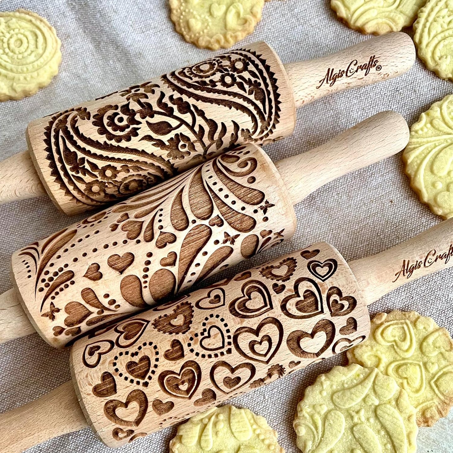 LOVELY DAY 3 KID Rolling Pin SET with HEART, PAISLEY and SPRING patterns. Wooden Laser Cut Mini embossing Rolling Pins for cookies, play dough, salt dough or clay by Algis Crafts