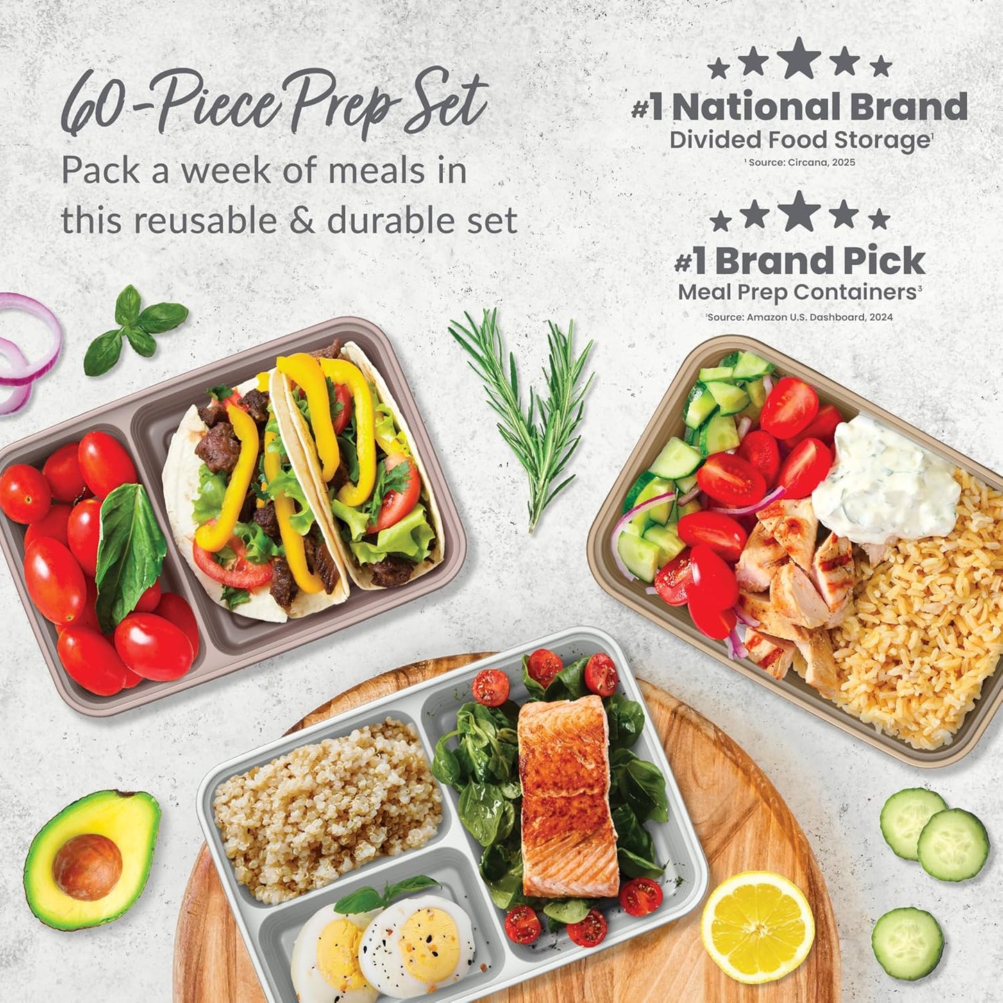Bentgo Prep 60-Piece Meal Prep Kit - Reusable PFAS & BPA-Free Food Containers, 1-Compartment, 2-Compartment, & 3-Compartments - Microwave, Freezer, & Dishwasher Safe (Gleam Metallics)