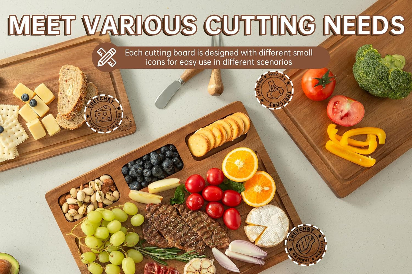 Acacia Wood Cutting Board Set,Thick Wooden Cutting Board for Kitchen with Holder,Chopping Board with Deep Grooves&Built-in Handles, Wooden Charcuterie Board Trays for Meat,Fruit,Cheese