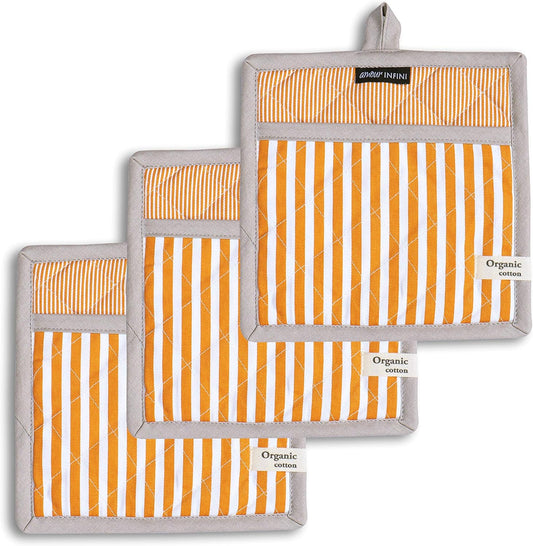 AMOUR INFINI Pot Holders Heat Resistant Cotton Set of 3 Nonslip 8"x8" Inch Hot Pads for Kitchen, BBQ, Baking & Cooking with Hanging Loops (Stripe Yellow)