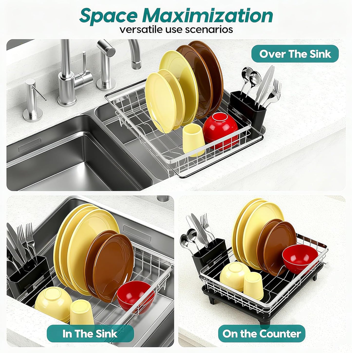 MERRYBOX Sink Dish Drying Rack, Expandable Stainless Steel Dish Drying Rack in Sink/Over The Sink with Large Cutlery Holder for Kitchen Counter(Adjustable 15.4" to 23" cm)