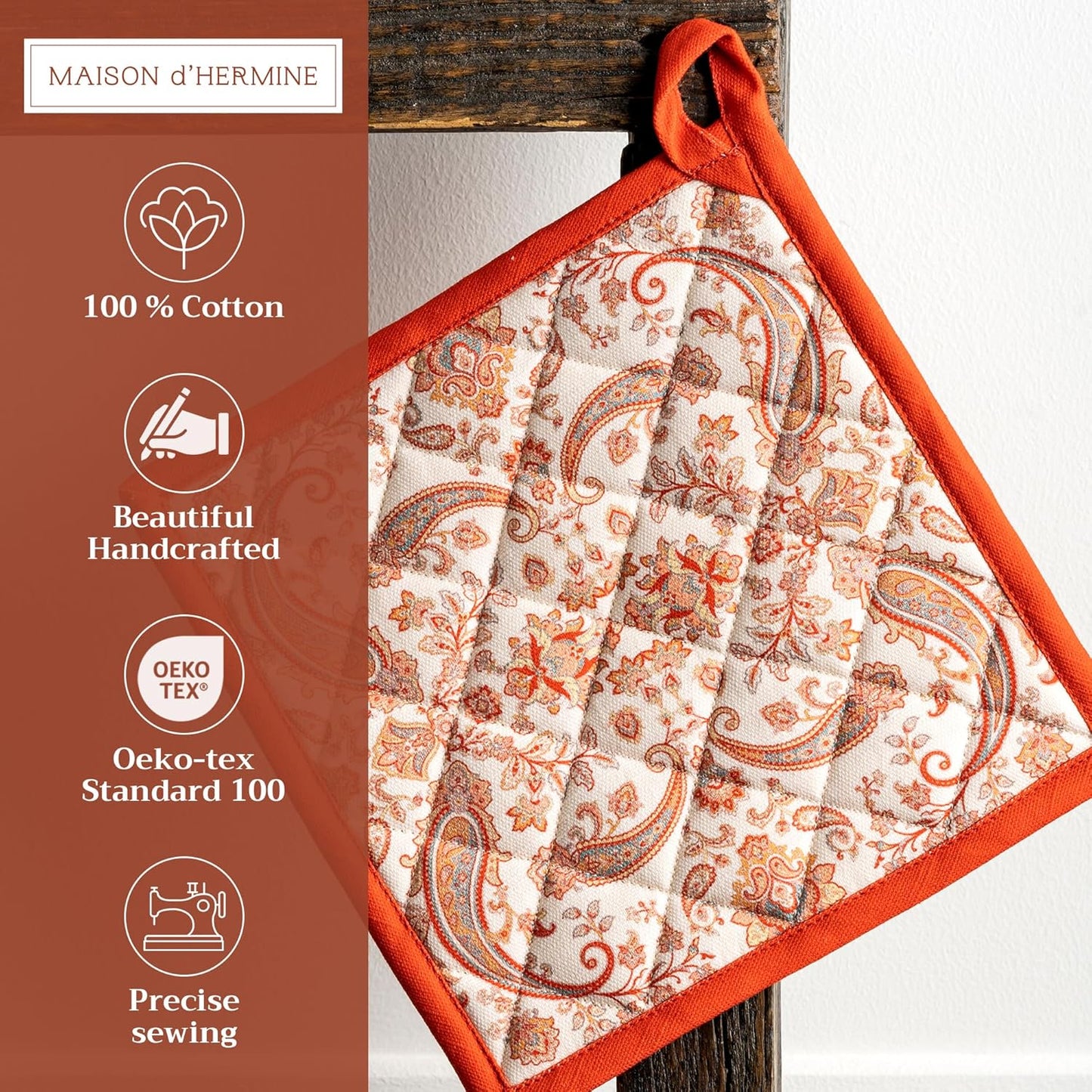 Maison d' Hermine Pot Holders 100% Cotton Heat Resistant Potholders 8" x 8" Hot Pads with Loop BBQ, Cooking, Baking, Grilling, Kitchen, Handling Hot Pans (Pack of 1, Cachemire)