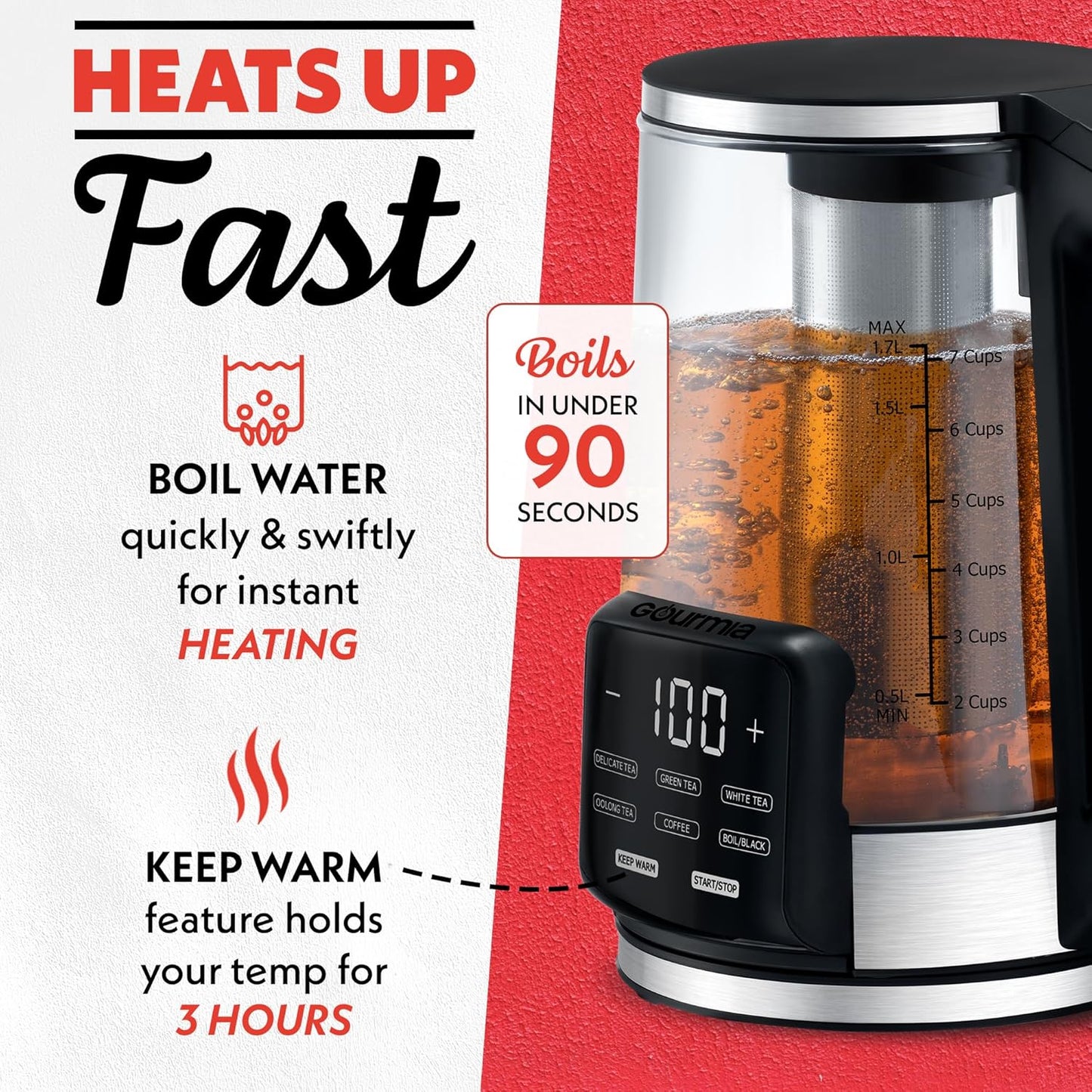 Gourmia Electric Programmable Glass Kettle – 1.7L Temperature Control Tea & Coffee Kettle with Digital Touch Display, 6 Presets, Keep Warm, Removable Stainless Steel Infuser, 360° Swivel Base – Black