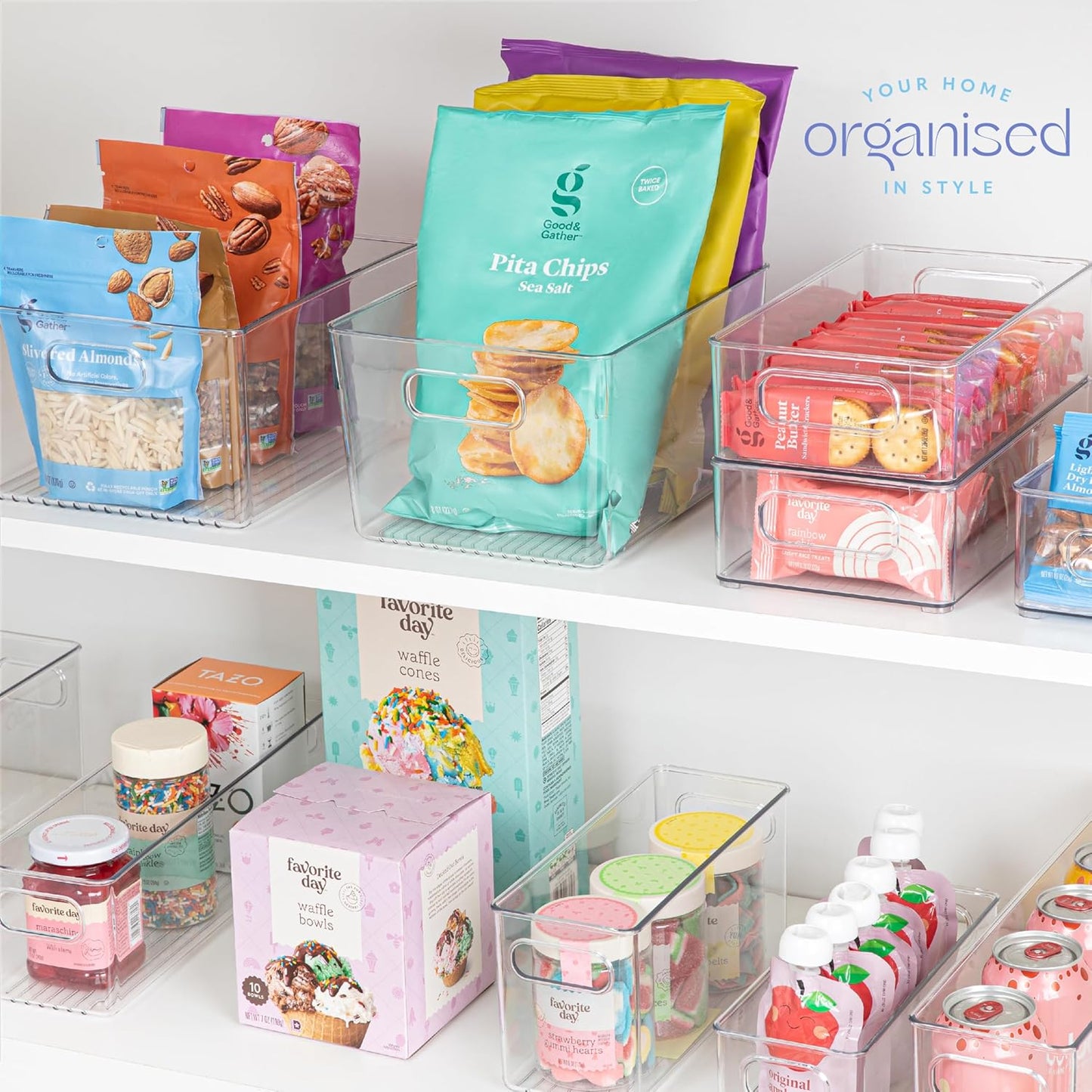 Clear Plastic 4 Pack Storage Container Bin with Integrated Easy Grip Handles. For Kitchen, Fridge, Freezer, Cabinet, Pantry, Bathroom Organization. 10"x4"x5"