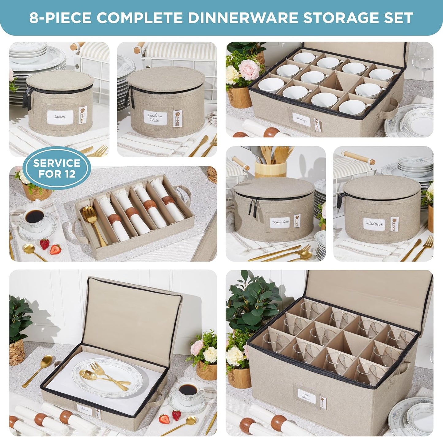 Hard Shell China Storage Containers 8-Piece Set Moving Boxes for Dinnerware, Glasses, Plates, Mugs and Saucers Sturdy Dish Organizer with Dividers for Seasonal Storage - Service for 12 - Brown