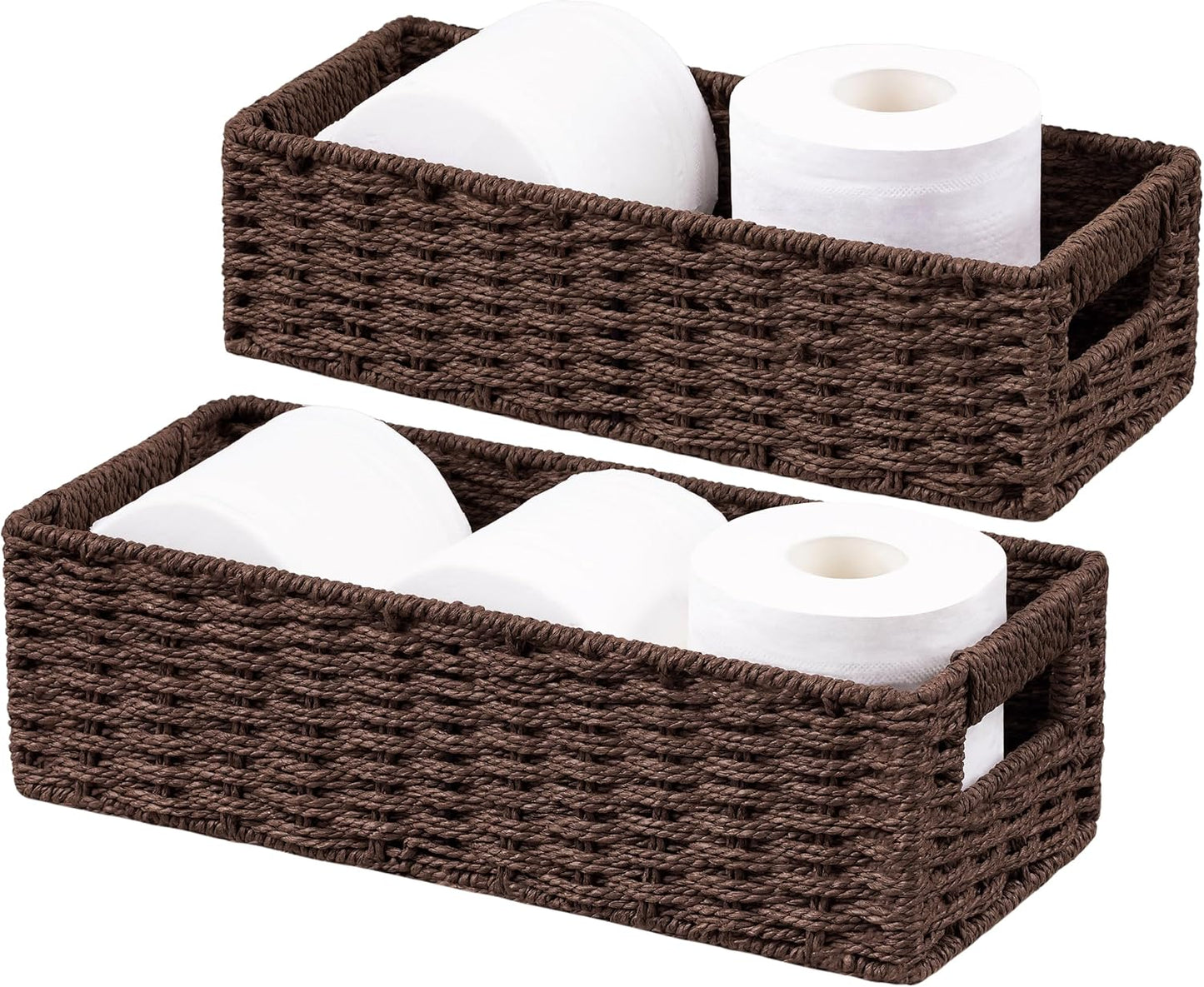 UBBCARE Toilet Tank Basket for Bathroom, Hand Woven Paper Wicker Basket for Organizing, Countertop Decorative Storage Basket with Handles, 2-Pack, Dark Brown