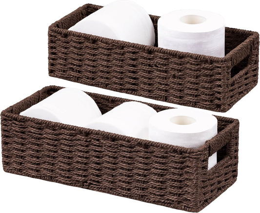 UBBCARE Toilet Tank Basket for Bathroom, Hand Woven Paper Wicker Basket for Organizing, Countertop Decorative Storage Basket with Handles, 2-Pack, Dark Brown