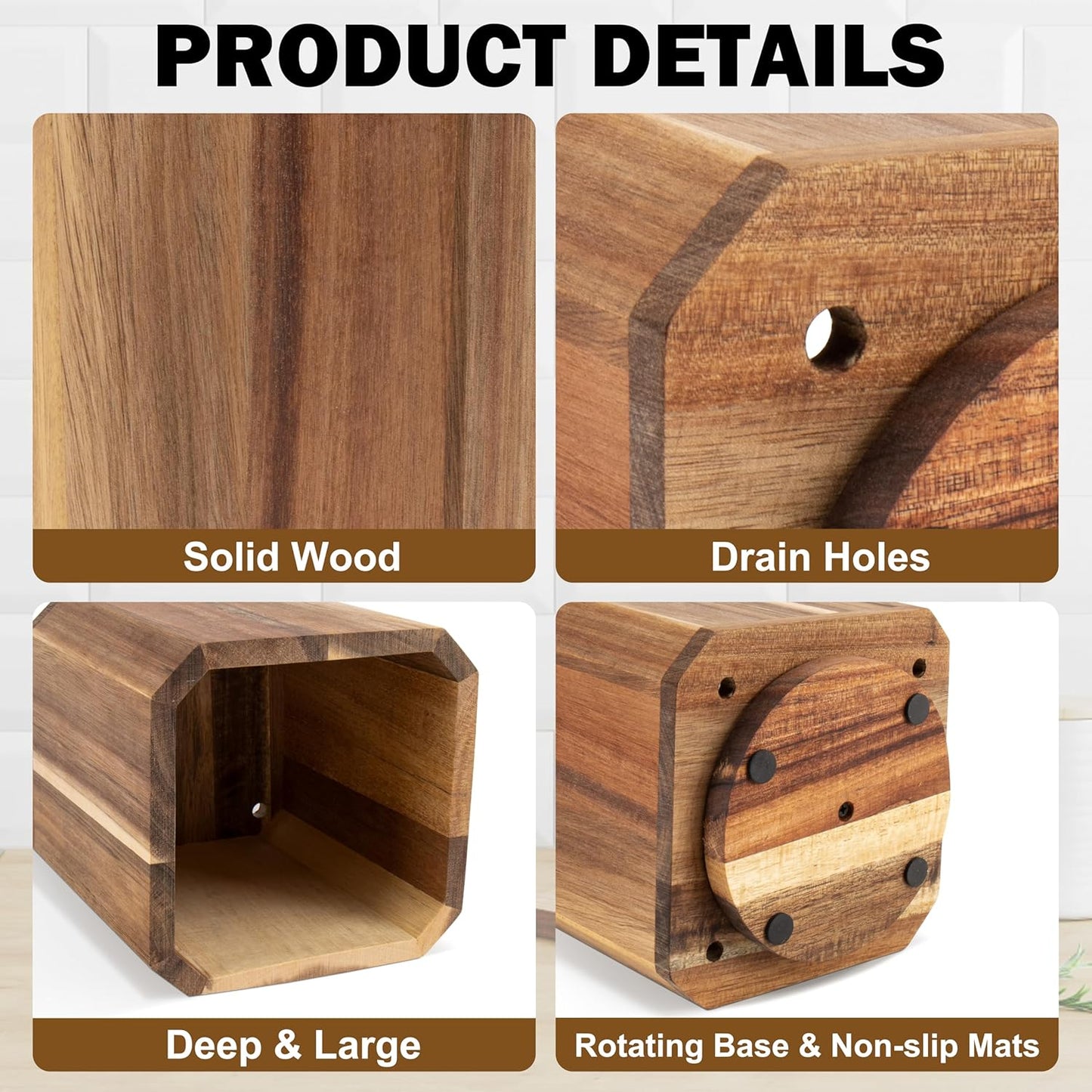 RedCall Acacia Wood Utensil Holder, 360° Rotating Large Cooking Utensil Organizer, Kitchen Tool Storage for Countertop,Spoon Spatula Holder for Kitchen Counter,Farmhouse Decor (1 Pack)