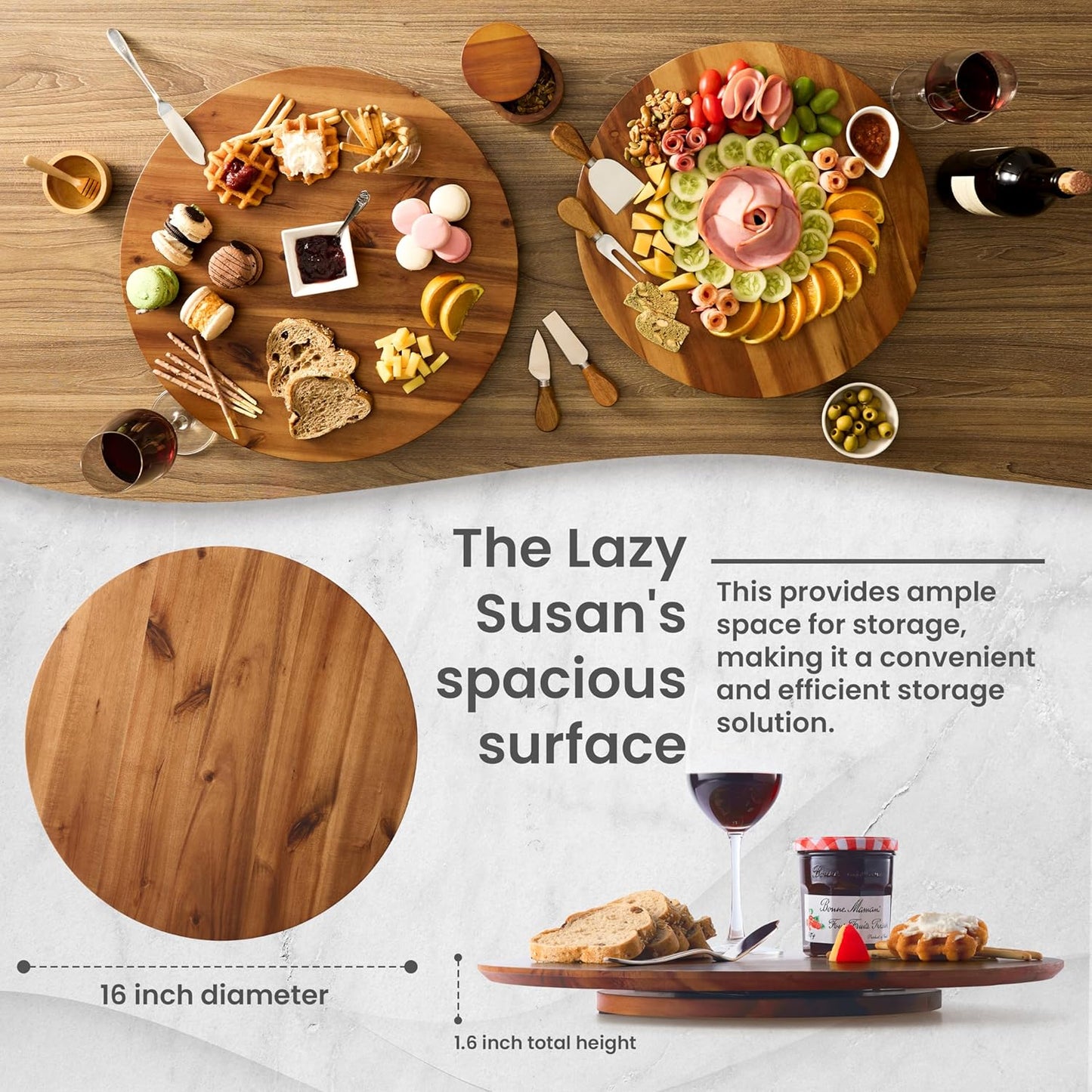 16" Acacia Wood Lazy Susan for Table Top - Wooden Turntable Serving Tray for Charcuterie Boards Cheese Board - Extra Large Round Lazy Susan Organizer - Kitchen Revolution for Countertop