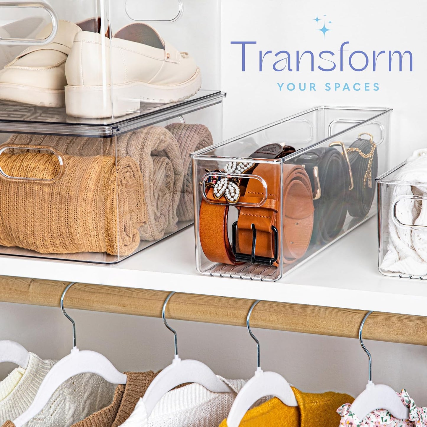 Plastic Food Storage 4 Pack Clear Container Bin with Handles for Organizing Kitchen, Pantry, Refrigerator, Freezer, Pantry, Cabinet, Closet, Bathroom. 14”x4”x5”