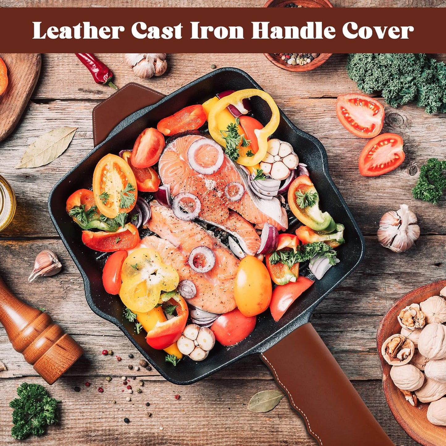 Baderke 4 Pcs Leather Cast Iron Handle Cover Handmade Leather Heat Resistant Skillet Handle Set Pot Holder for Hot Frying Pans, Pots(Dark Brown)