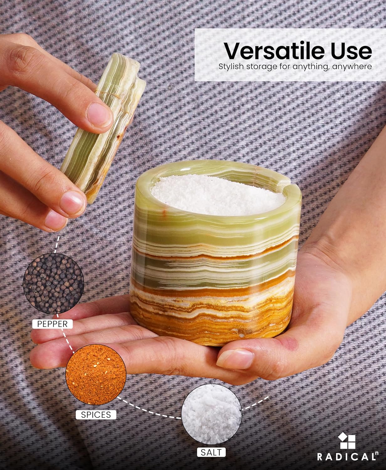 Radicaln Marble Salt Cellar With Lid and Tray 3" Inches Handmaed Verona and Green Salt Container For Kitchen Countertop, Ideal Spice Jar, Salt Bowl