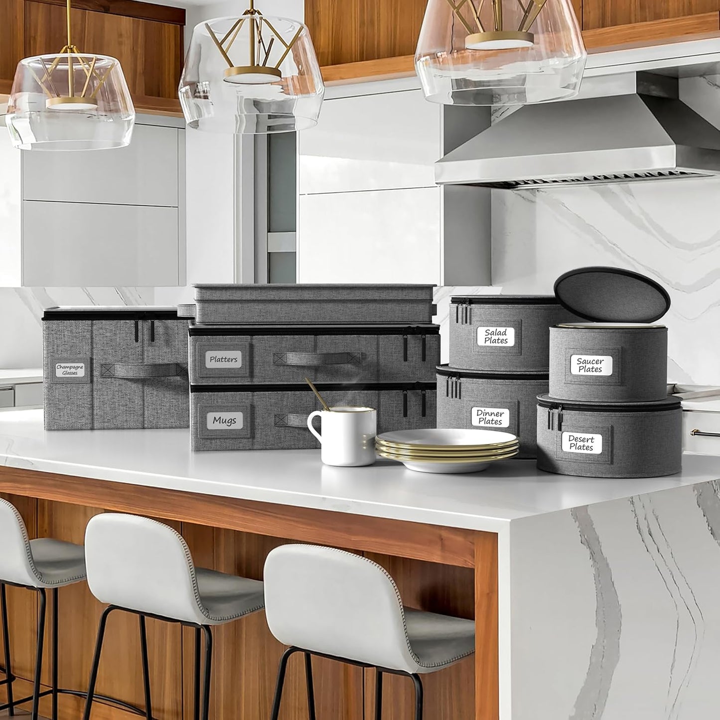 Sorbus China Storage Containers 6-Piece Set - Hard Shell Dinnerware Organizer for Plates, Glasses, Mugs & Saucers (Holds Service for 12) with Felt Protectors for Moving & Storage