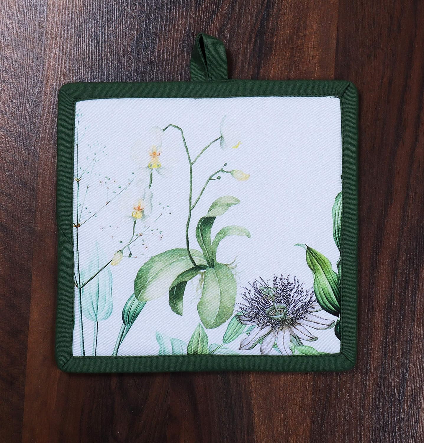 AMOUR INFINI Pot Holders Heat Resistant Cotton Set of 2 Nonslip 8"x8" Inch Hot Pads for Kitchen, BBQ, Baking & Cooking with Hanging Loops (Floral Shrubs)