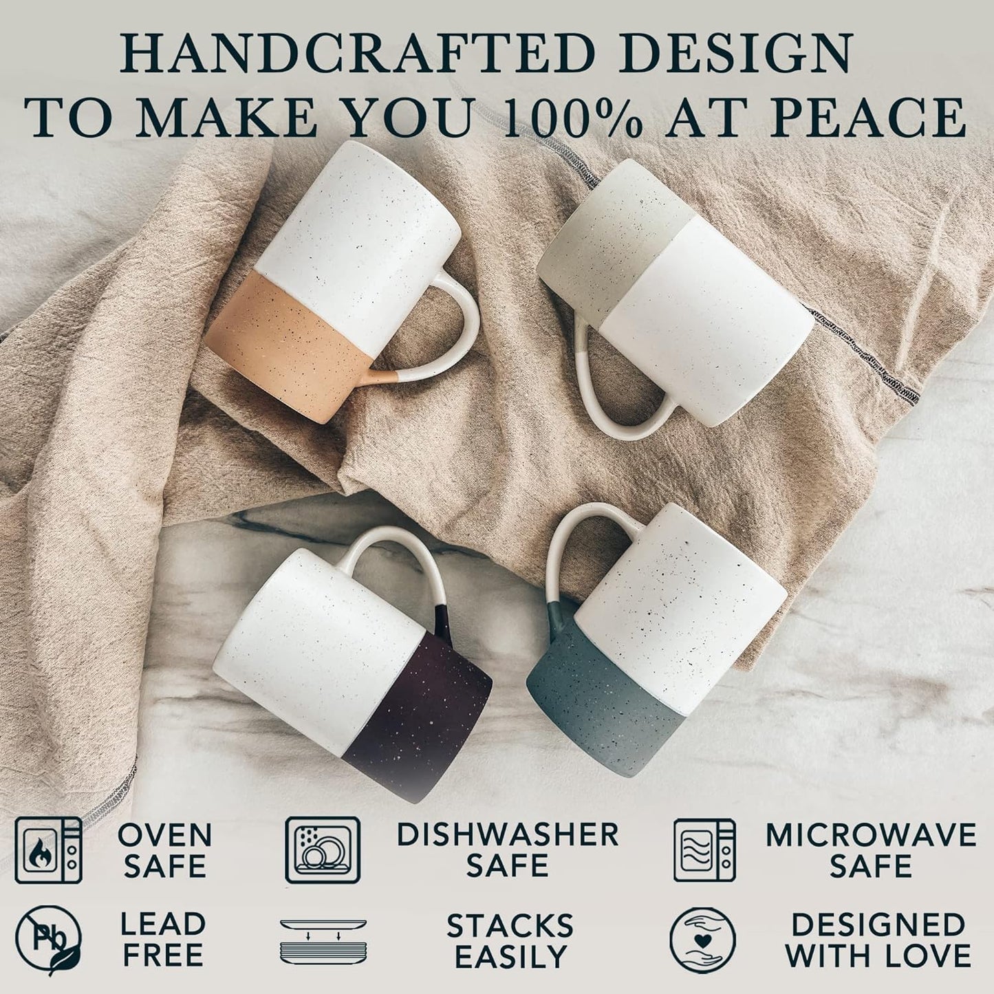 Mora Ceramics 12oz Coffee Mug Set of 4 - Tea Cups with Handle - Microwave and Dishwasher Safe, Perfect For Mug Lovers - Rustic Matte Glaze, Modern Design - Assorted Colors