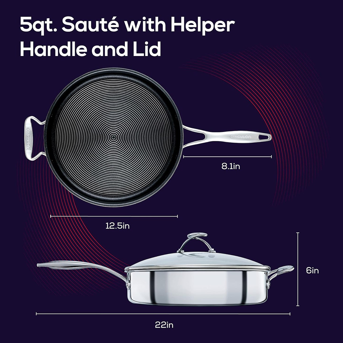 Circulon Clad Stainless Steel Saute Pan with Lid and Hybrid SteelShield and Nonstick Technology, 5 Quart - Silver