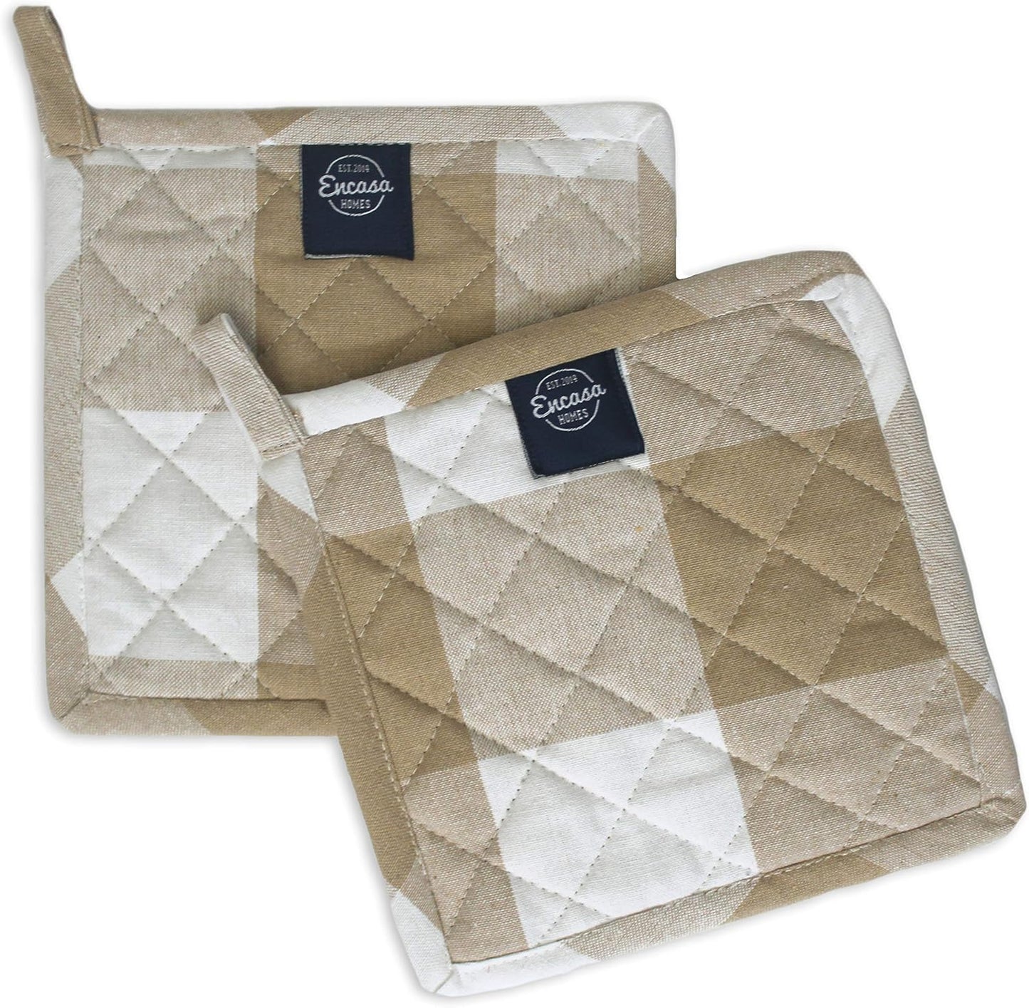 Encasa Homes 8 inches Oven Microwave Potholders (2 pc Set) for Kitchen Cooking & Baking - Heat Resistant, Thick & Safe, Protection of Hands from Hot Utensils - Buffalo Beige Checks