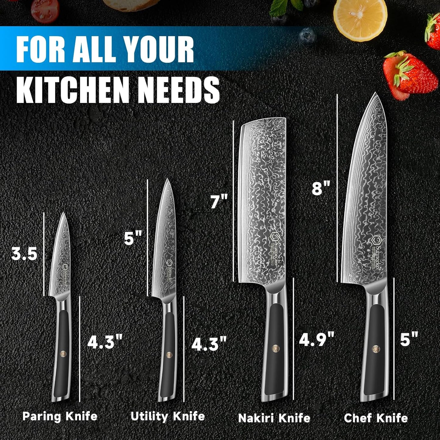 Sunnecko Damascus Kitchen Knife Set 4 Piece Chef Knife Set Professional, Sharp Kitchen Knives Set Full Tang, Gift Box