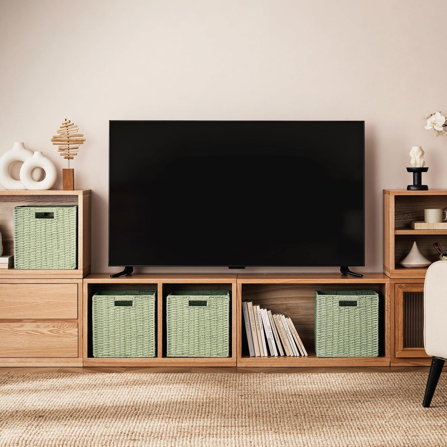 UBBCARE 3 Pack Wicker Basket, 11L×11H×10.5W inch Woven Paper Rope Storage Baskets for shelves, Foldable Cube Storage bin with Handle, Storage Basket for Organizing & Decor, Green