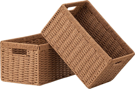 UBBCARE 2 Pack Wicker Basket, 13.4L×8.3H×7.1W inch Woven Paper Rope Storage Baskets for shelves, Foldable Rectangular Storage Baskets with Handle, Storage Basket for Organizing, Caramel