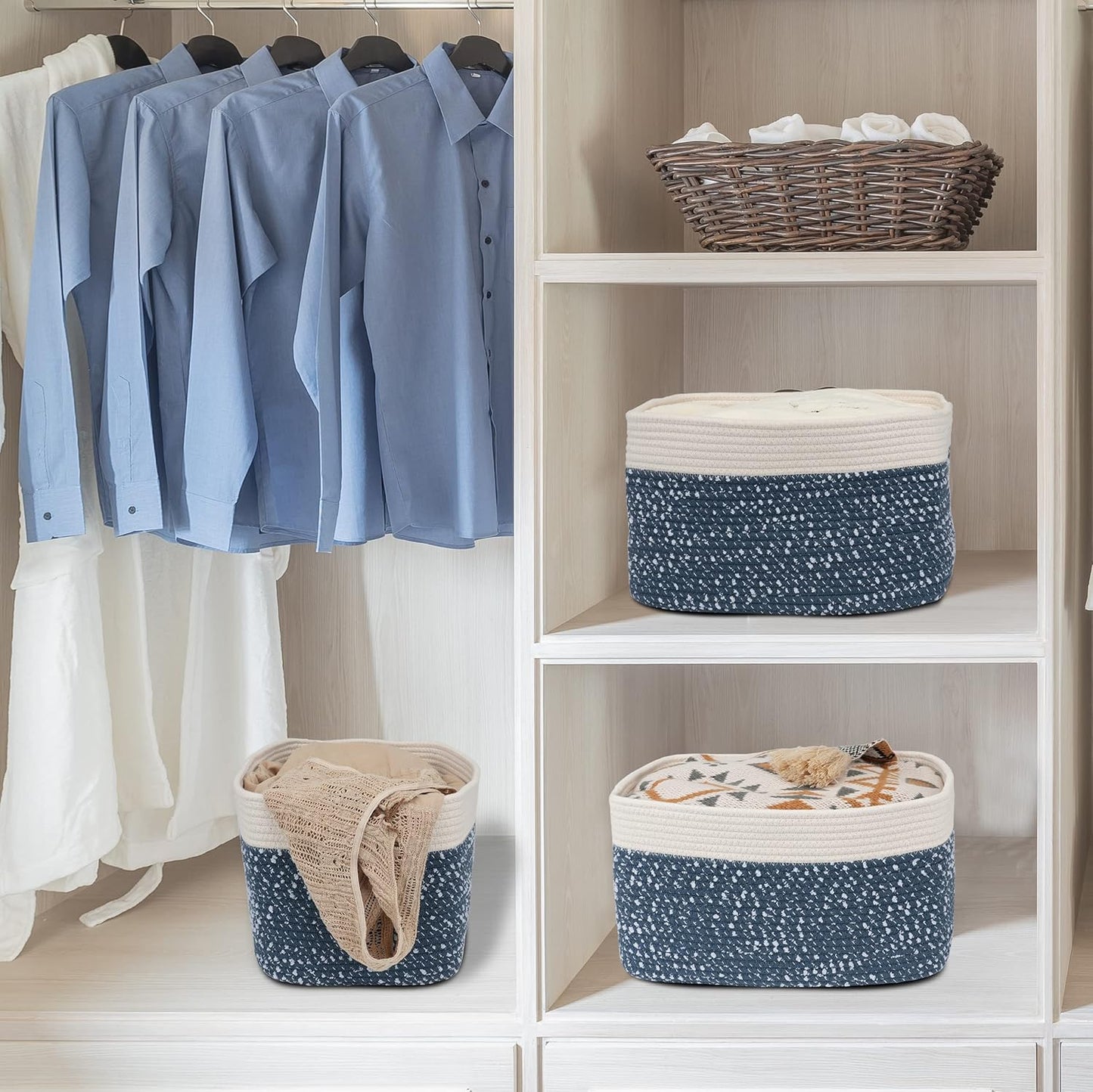 White and Blue Cotton Rope storage Basket Bins Woven Basket for Organizing Shelves 14.5X9.5X9.3“ Rectangle Decorative Baskets For storage Books Towels Wicker Nursery basket organizer Set of 3
