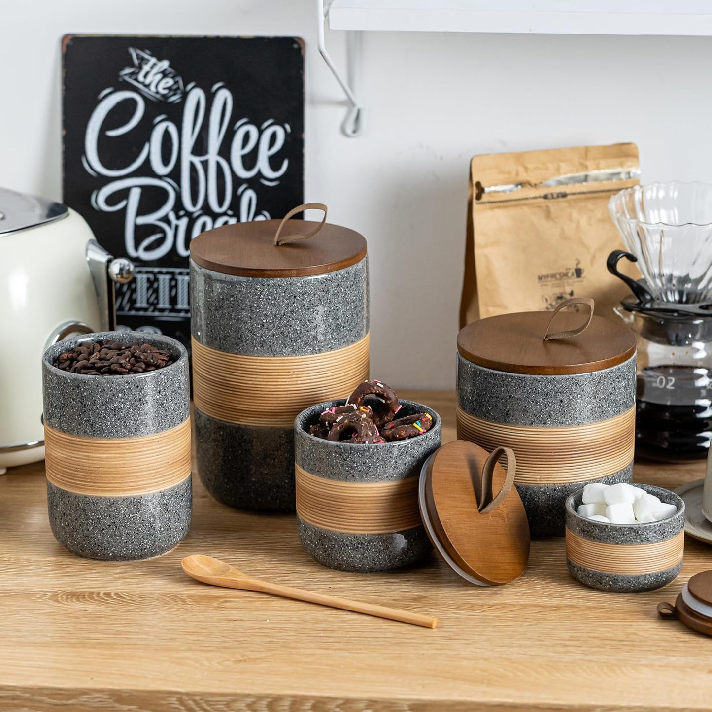 Large Storage Containers with Lids, Ceramic Coffee Container Kitchen Food Storage Cookie Jars with Airtight Lid for Spice Sugar Tea Bag, Stackable Decorative Jars for Counter, Grey & 61 fl.oz