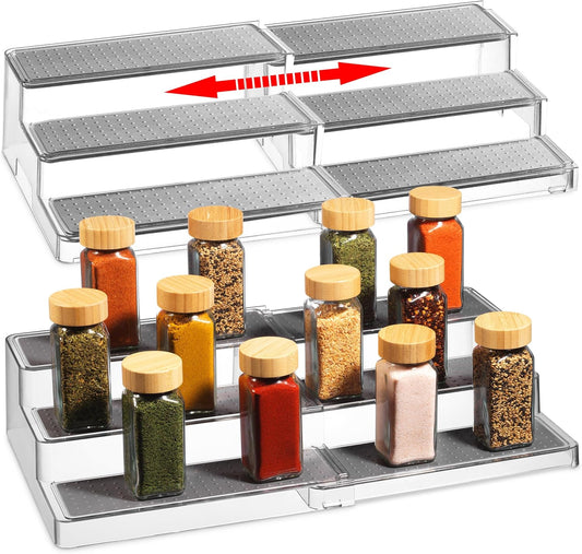 Expandable Spice Organizer Rack (2-PACK) - 3-Tier - Clear Adjustable Tiered Shelf Spices Organization for Kitchen Cabinet and Pantry Storage