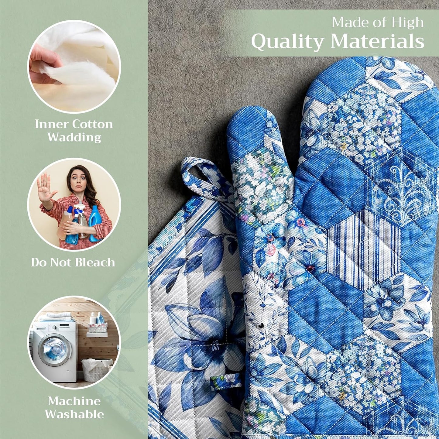 Maison d' Hermine 100% Cotton Oven Mitt & Pot Holder Set (7.5"x13" & 8"x8") Heat Resistant BBQ Cooking Gloves with Loop, Baking, Grilling, Kitchen, Handling Hot Pans Spring/Summer (Summer Blues)