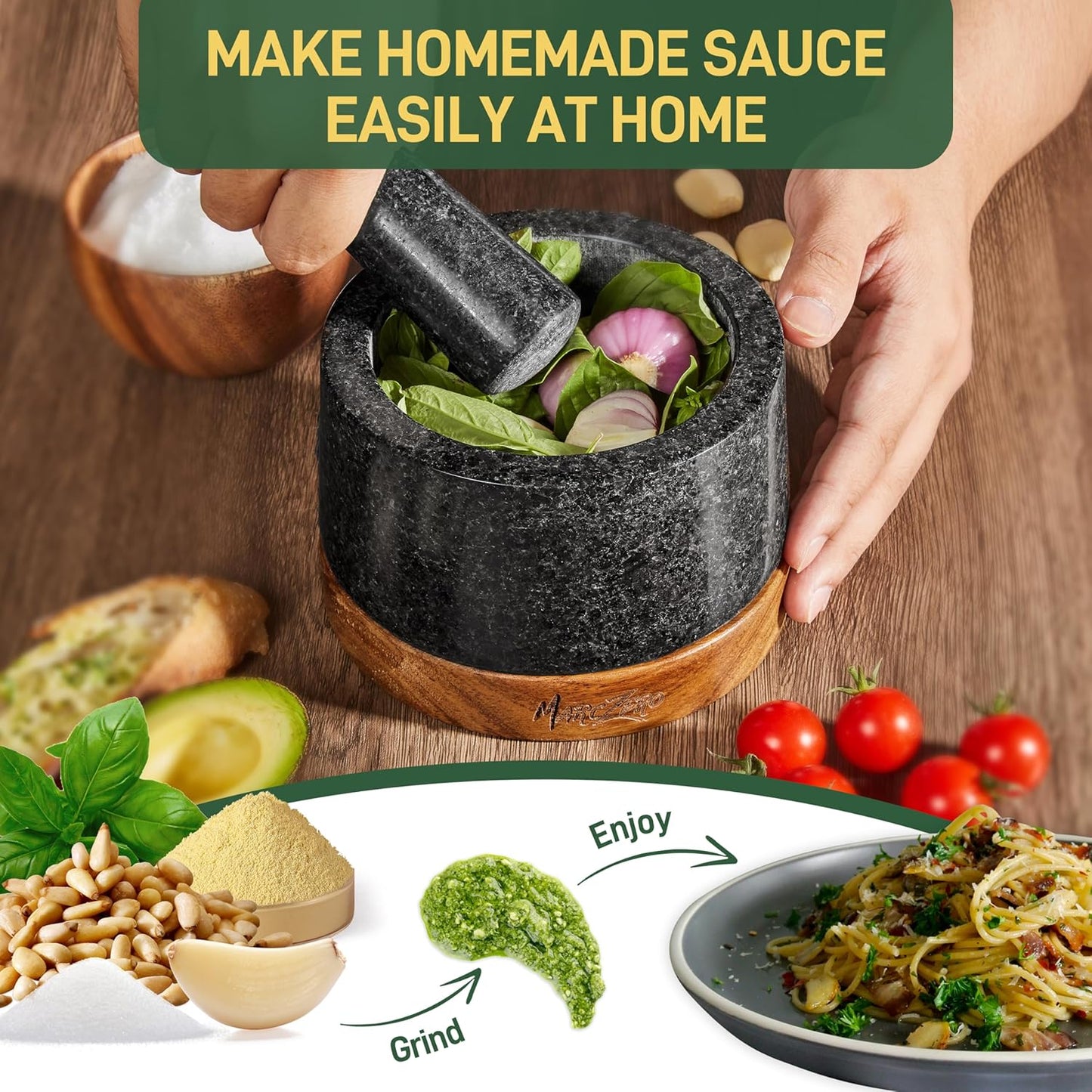 MarcZero 6inch Large Mortar and Pestle Set with Anti-Scratch Wooden Base,Heavy Duty Mortar and Pestle Made of Natural Granite(Black)