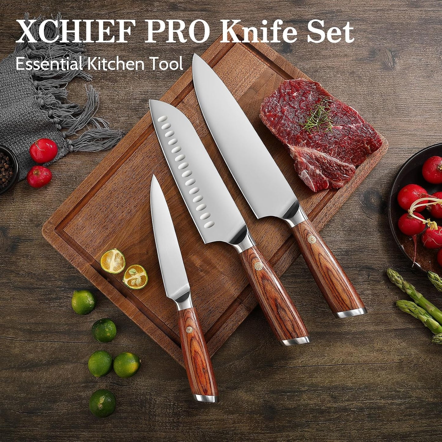 Kitchen Knife Set, 3 Pieces Japanese High Carbon Stainless Steel Chef Cooking Knife Set, Ultra Sharp Professional Chef Santoku Utility Knives (Silver)