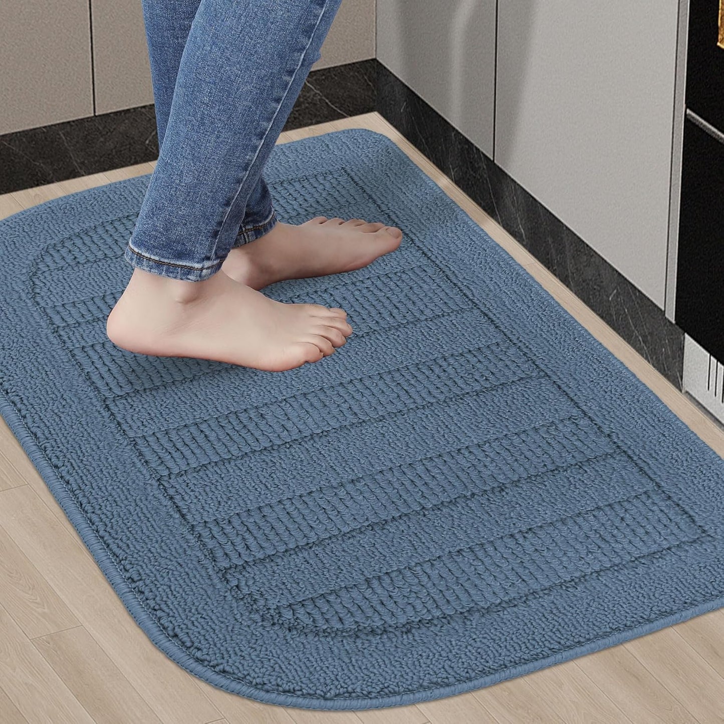 BEQHAUSE 30x18 Inch Kitchen Rug Mat Durable Kitchen Rugs Non-Slip Washable Absorbent Kitchen Mats for Floor Dirt-Resistant Semicircular Kitchen Mat (Blue)