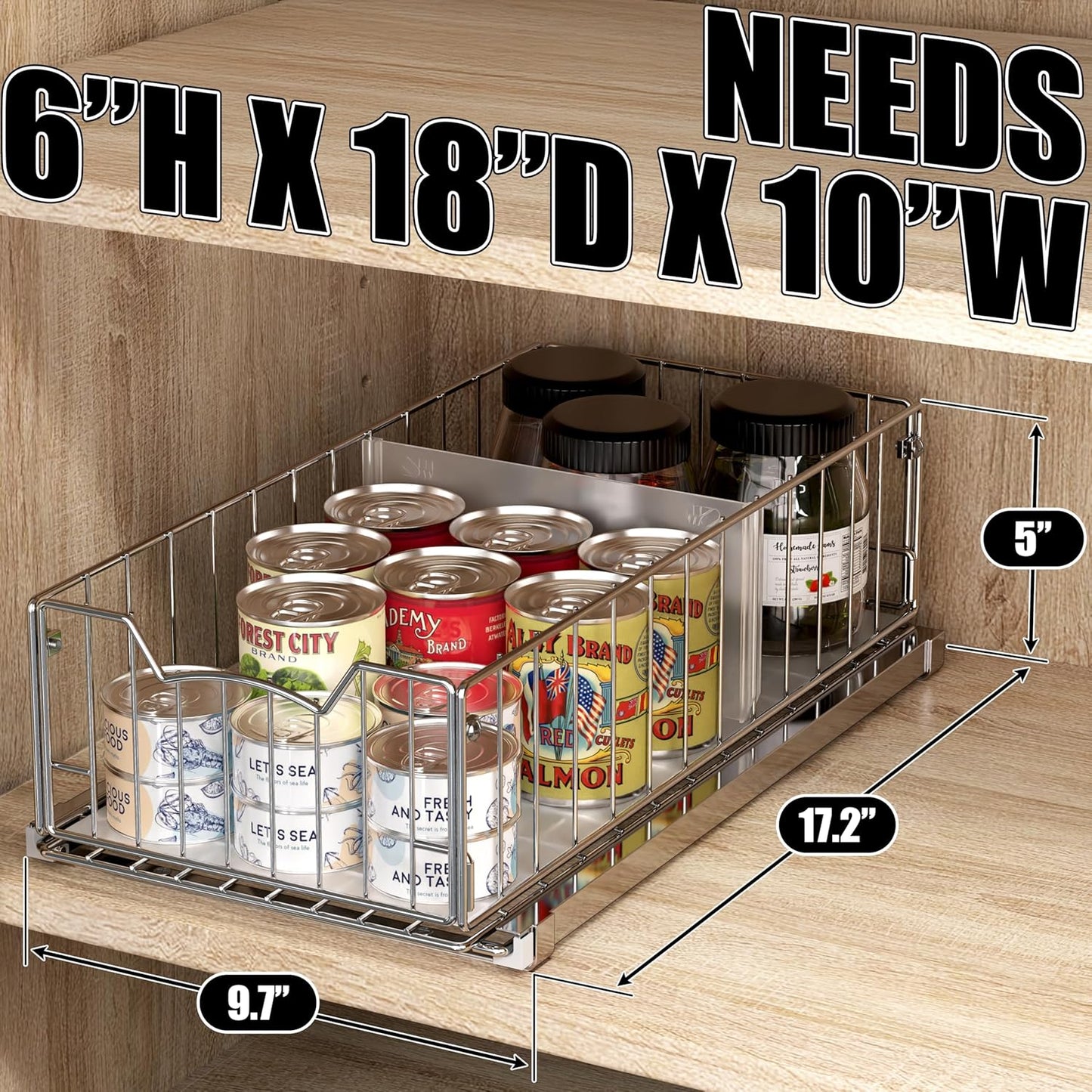 Simple Houseware Pull-Out Cabinet Sliding Basket Organizer, 17.2" D x 9.7" W x 5" H – Chrome Finished, Ideal for Kitchen and Bathroom Cabinet Storage, Under Sink or Pantry Organization