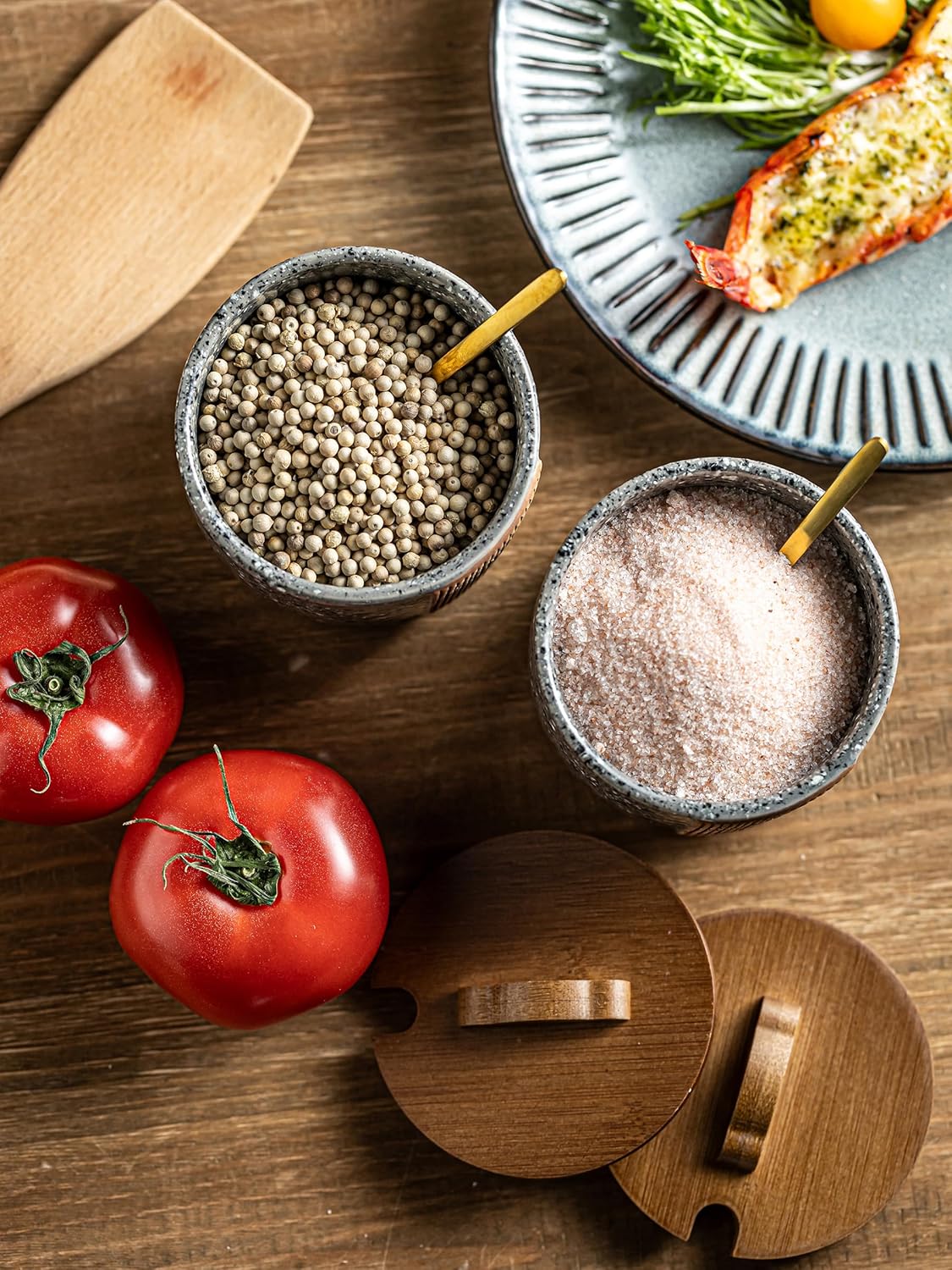 Salt Cellar with Lid & Spoon, Ceramic Salt Container for Countertop, 10 OZ Salt Bowl Holder, Gray