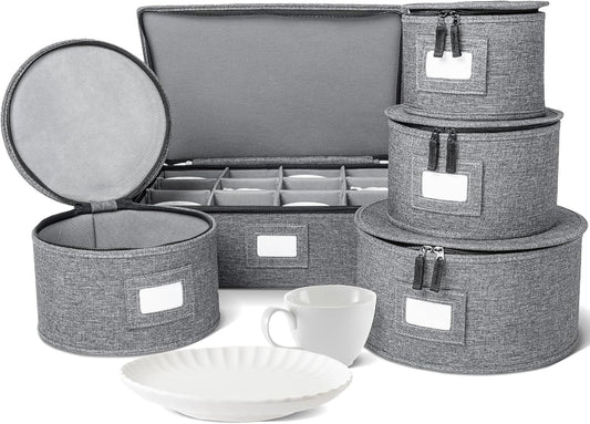 storageLAB China Storage Containers, Hard Shell Case with Felt Dividers for Charger Plates, and Dishes, Ideal for Kitchen Organization, Moving Supplies, and Fine China Storage - 5-Piece Set, Gray