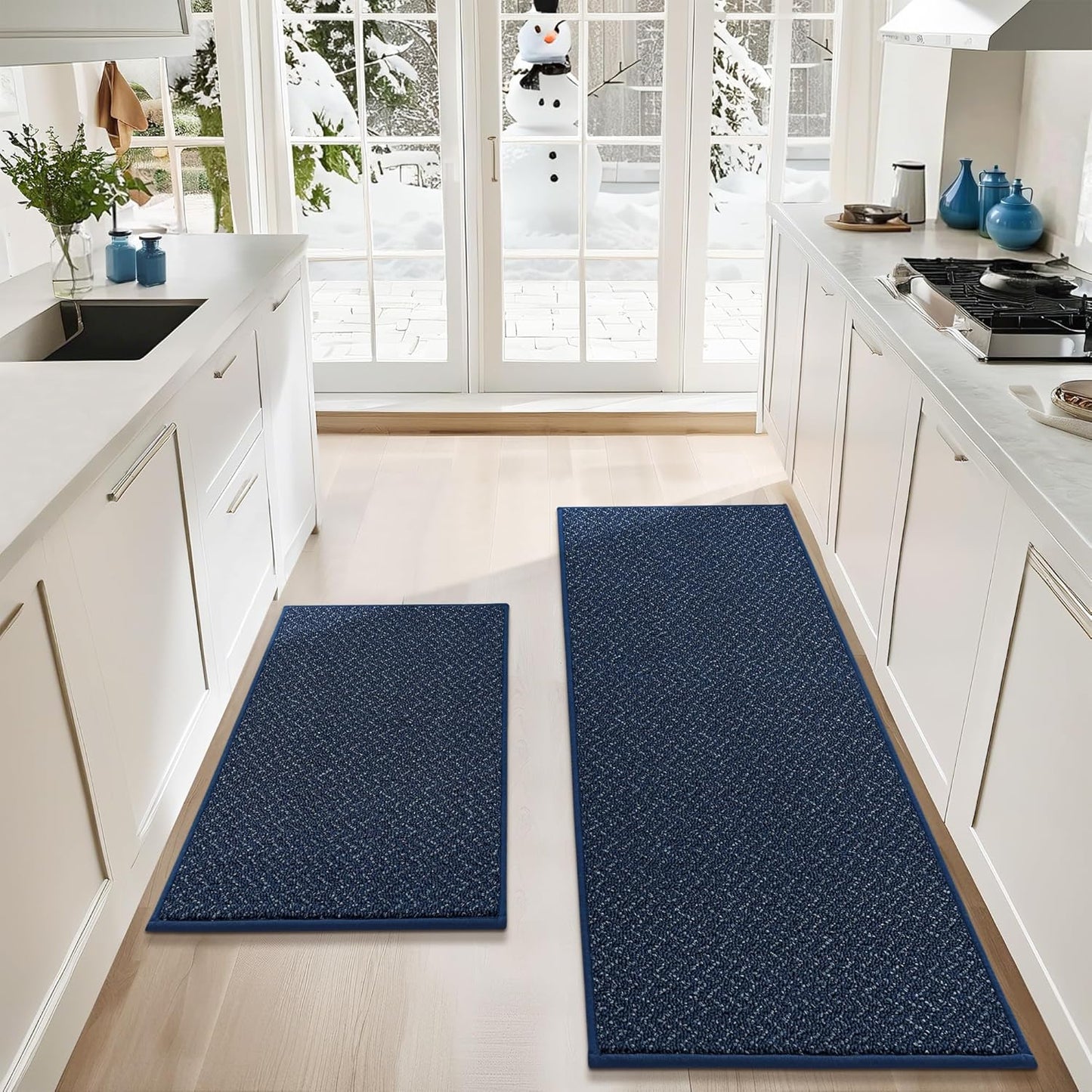 COSY HOMEER Kitchen Rugs Non Slip Washable 24"x36"+24"x60" Absorbent Kitchen Mats for Floor Stain Resistant Kitchen Runner Rug Sets of 2 Kitchen Floor Mats for Sink,Navy Blue