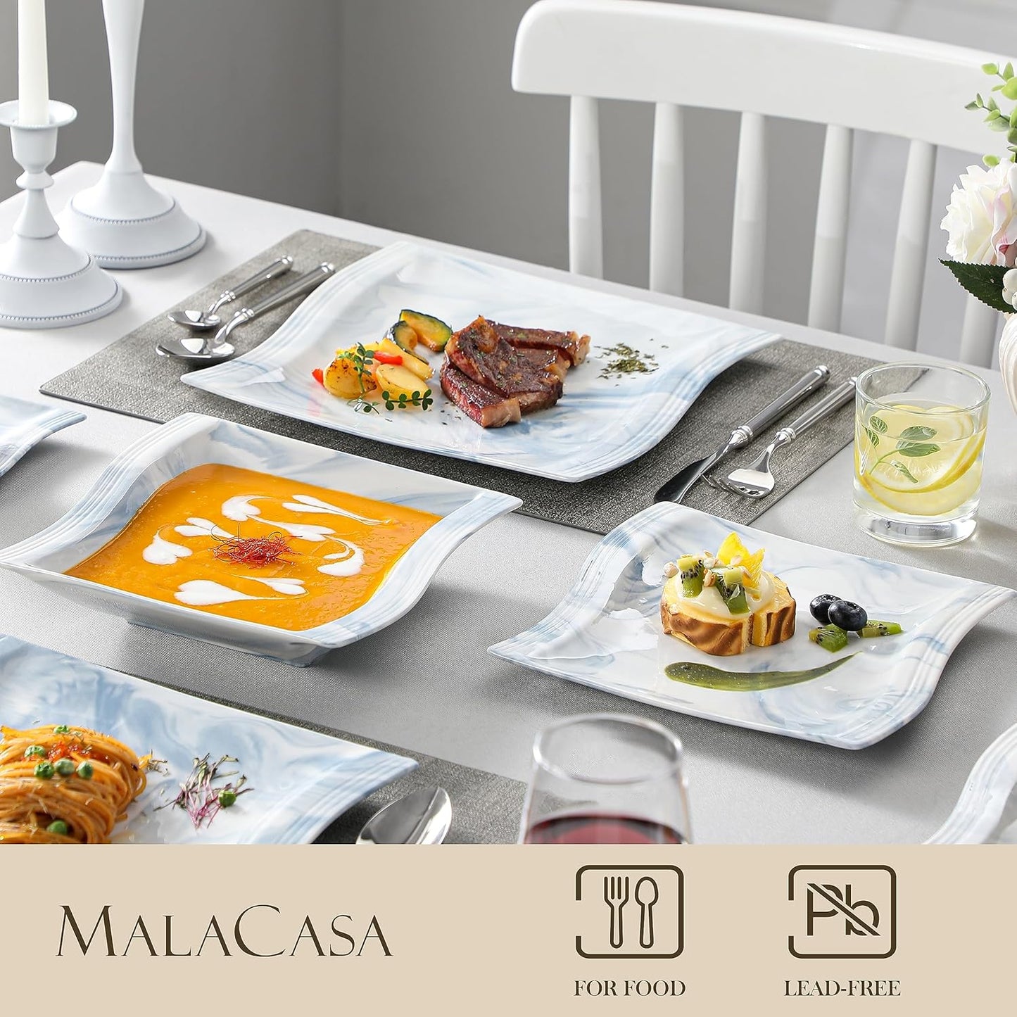 MALACASA Dinnerware Sets for 6, 30 Piece Porcelain Plates and Bowls Sets, Square Dish Set with Dinner Plate and Bowl, Cup and Saucer, Blue Dishes Dinnerware Set, Modern Dishware Sets, Series Flora