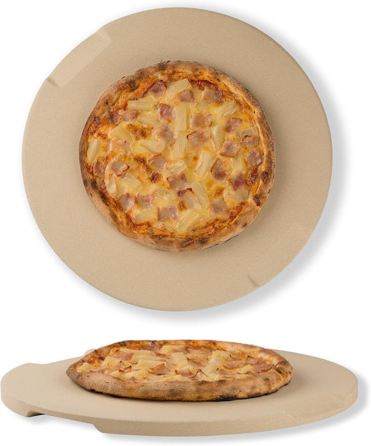 Pizza Stone, 15" Round Pizza Stone for Oven Grill BBQ, Cordierite Baking Stone for Pizza Bread Pie, Unique Built-in 4 Handles Cooking Stone