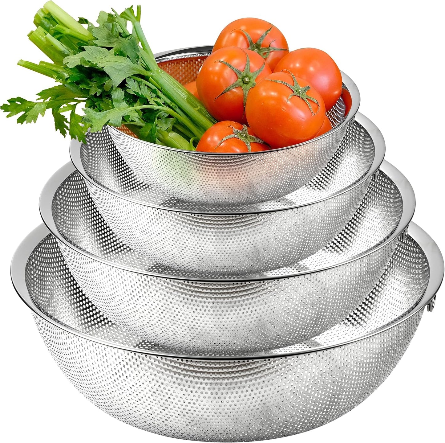 Premium 18/8 304 Stainless Steel Micro-Perforated Small and Big Colander Set of 4 with rings - 3.5-5.5-7.5-9.5 Quart Set, Self-Draining Solid Base for Pasta, Fruits, Vegetables