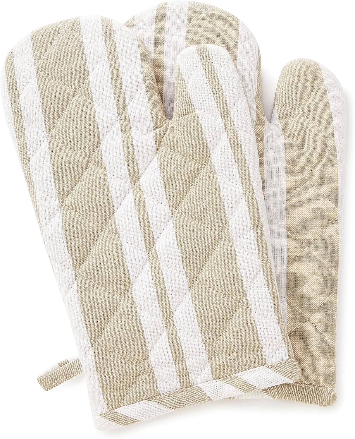 Encasa XO Long 12"x7" Oven Microwave Hand Gloves Mitts (2 pc Set) for Kitchen Cooking & Baking - Heat Resistant, Thick & Safe, Protection of Hands from Hot Utensils - Franca Beige Stripes