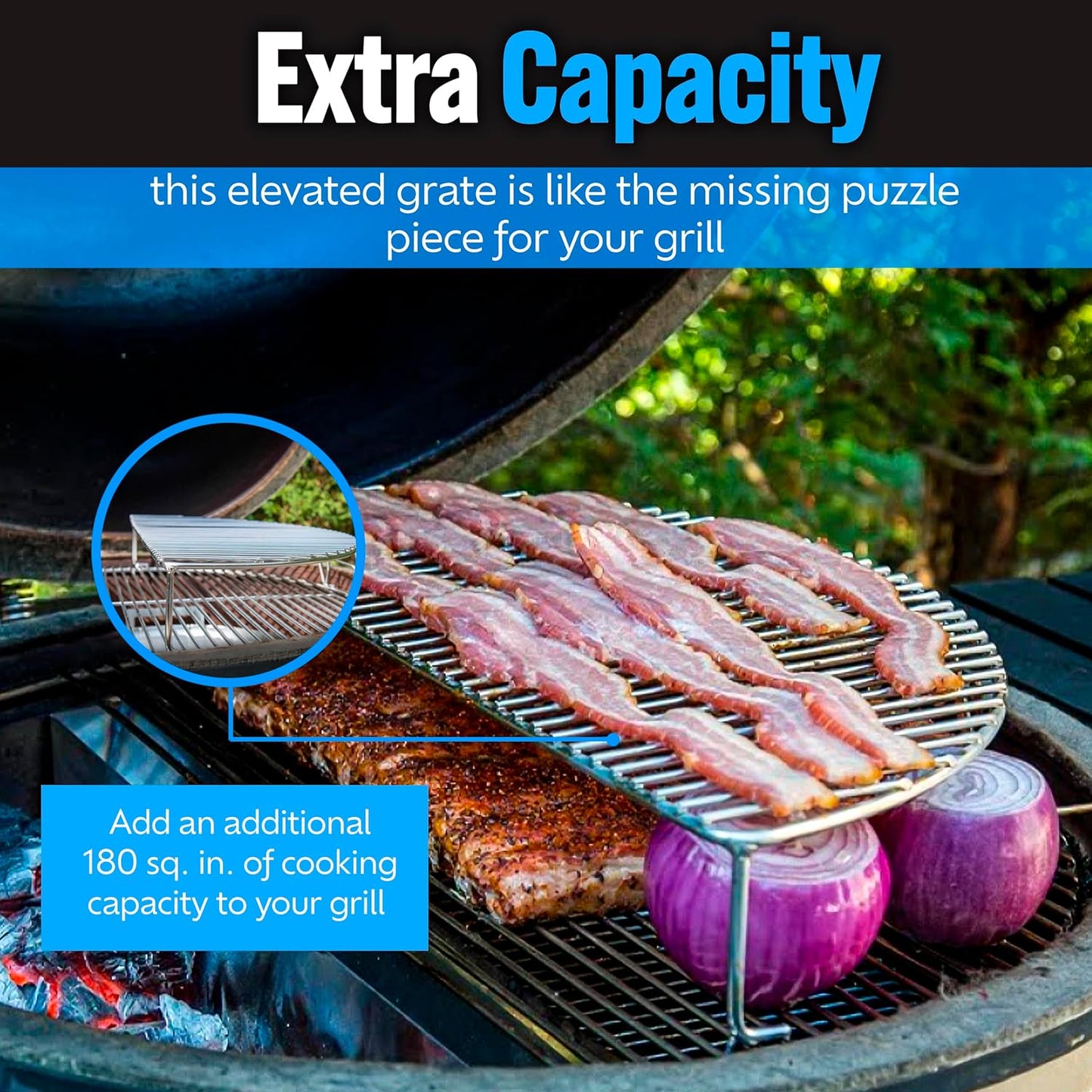 SnS Grills Slow ‘N Sear Elevated Cooking Grate - Compatible with Weber and Other Grills - Heavy Duty Stainless Steel, More Grill Space for Tailgating, Camping, and Backyard Cooking
